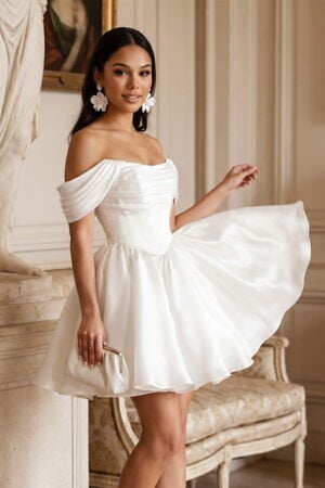 Ivory organza off-the-shoulder corset mini dress