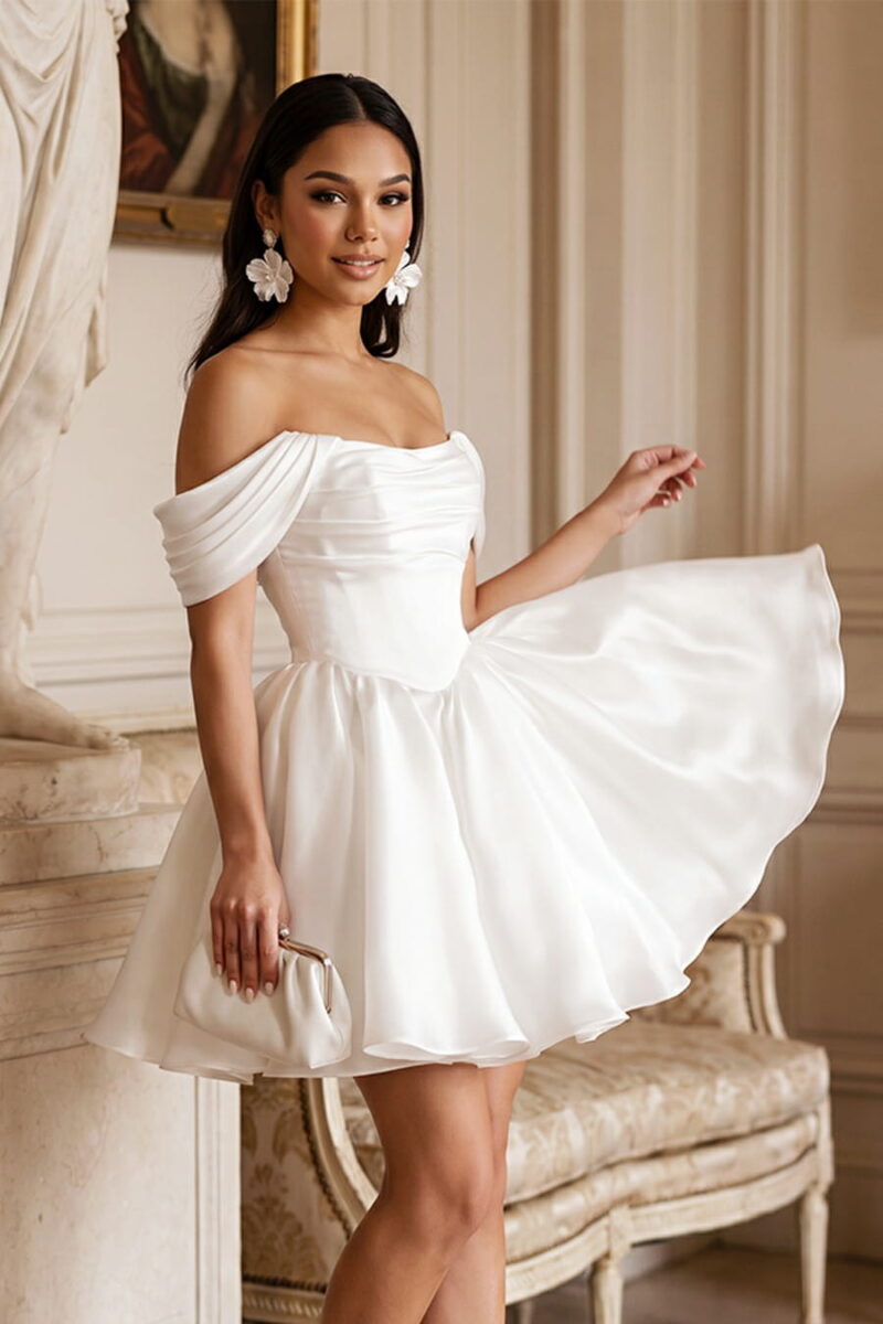 Ivory organza off-the-shoulder corset mini dress Ivory organza off-the-shoulder corset mini dress