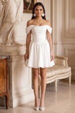 Ivory organza off-the-shoulder corset mini dress