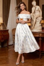 Ivory Blue Floral Satin Off-The-Shoulder A-Line Midi Dress