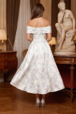 Ivory Blue Floral Satin Off-The-Shoulder A-Line Midi Dress