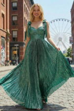 Emerald Green Metallic Pleated Maxi Dress with Tie-Shoulder Straps