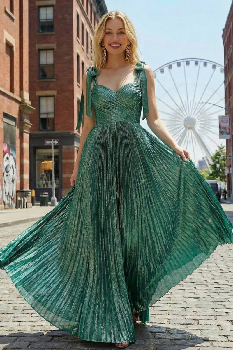 Emerald Green Metallic Pleated Maxi Dress with Tie-Shoulder Straps Emerald Green Metallic Pleated Maxi Dress with Tie-Shoulder Straps