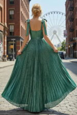 Emerald Green Metallic Pleated Maxi Dress with Tie-Shoulder Straps