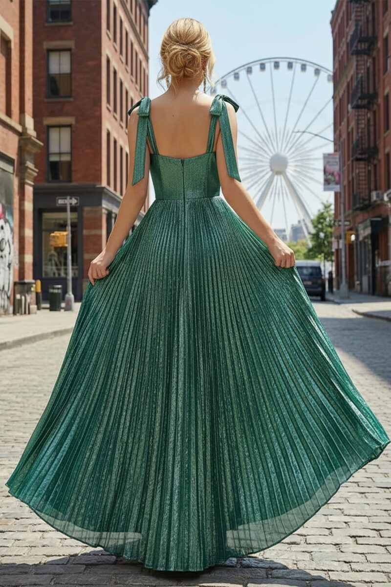 Emerald Green Metallic Pleated Maxi Dress with Tie-Shoulder Straps