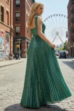 Emerald Green Metallic Pleated Maxi Dress with Tie-Shoulder Straps
