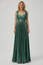 Emerald Green Metallic Pleated Maxi Dress with Tie-Shoulder Straps