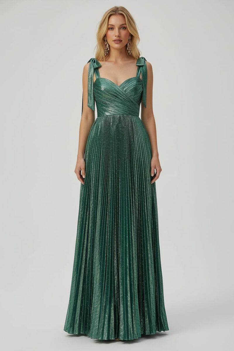 Emerald Green Metallic Pleated Maxi Dress with Tie-Shoulder Straps