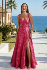 Fuchsia Jacquard High Slit Maxi Formal Dress with Ruffled Straps