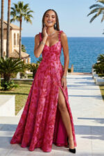 Fuchsia Jacquard High Slit Maxi Formal Dress with Ruffled Straps