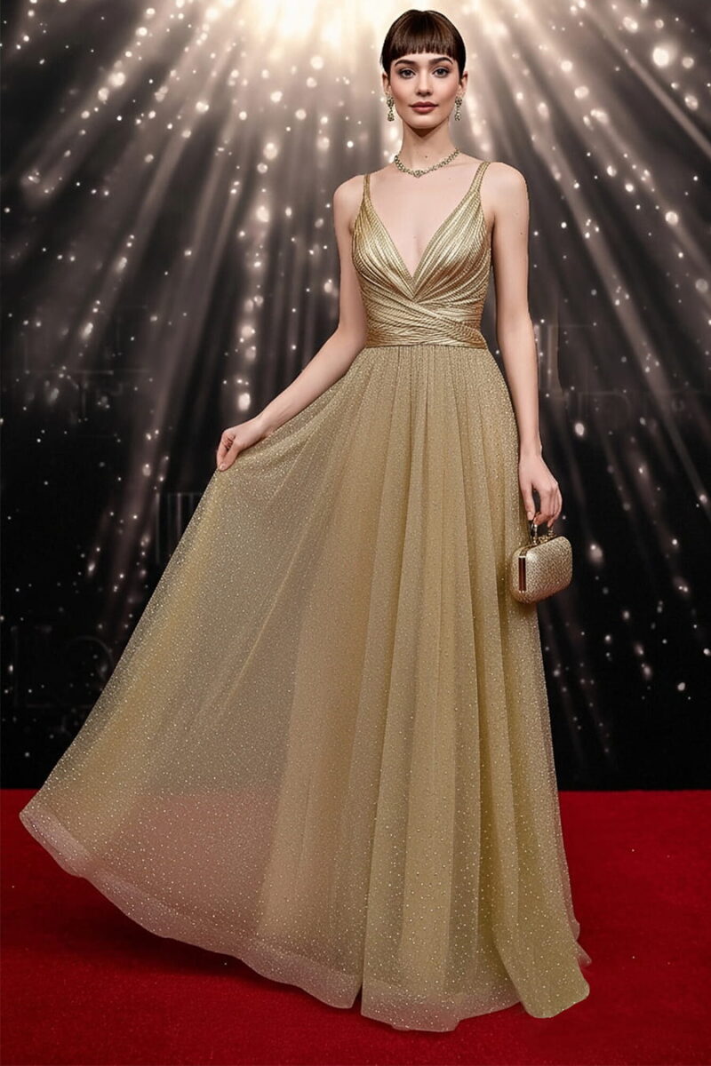 Gold Satin and Metallic Tulle V-Neck Gown with Open Back Gold Satin and Metallic Tulle V-Neck Gown with Open Back