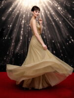Gold Satin and Metallic Tulle V-Neck Gown with Open Back