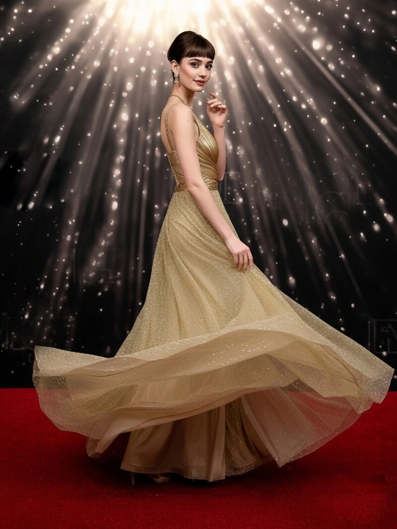 Gold Satin and Metallic Tulle V-Neck Gown with Open Back