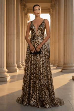 Leopard Print Sequin Evening Dress