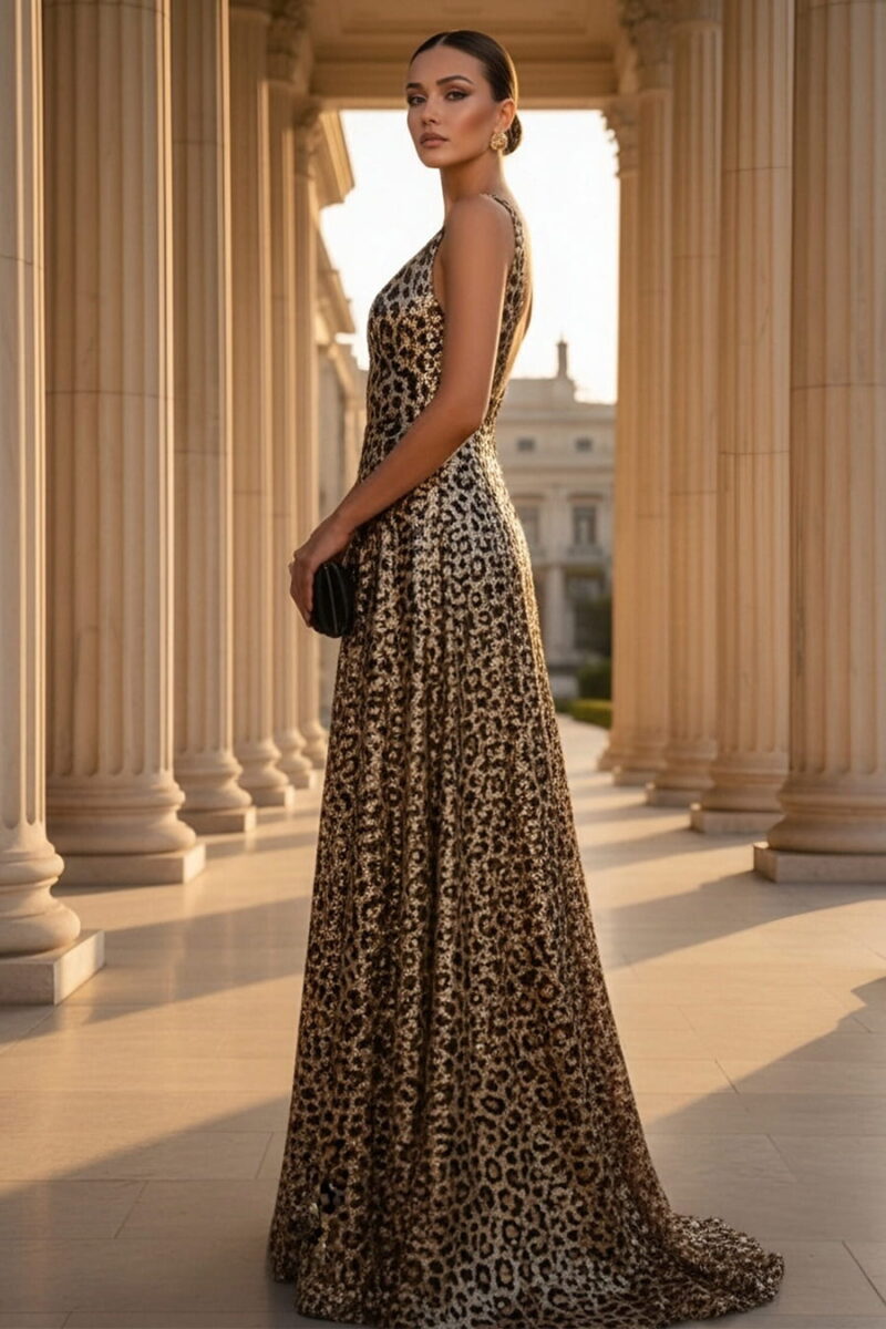Leopard Print Sequin Evening Dress