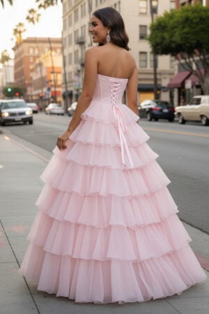 Pink Tiered Chiffon Gown with Silver Sequin Corset