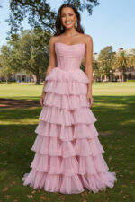 Pink Tiered Ruffle Chiffon Gown with Sequin Corset Bodice