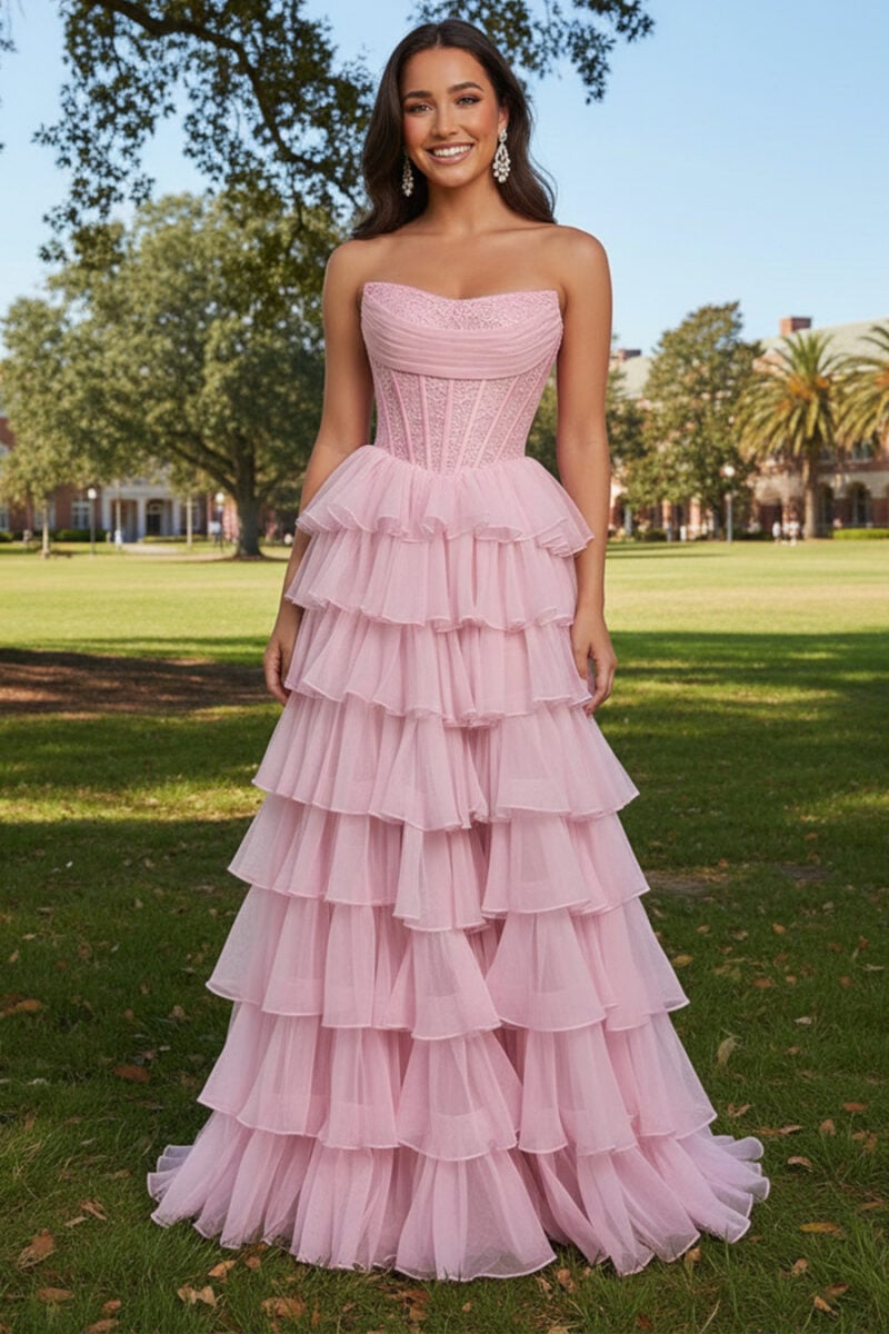 Pink Tiered Ruffle Chiffon Gown with Sequin Corset Bodice Pink Tiered Ruffle Chiffon Gown with Sequin Corset Bodice