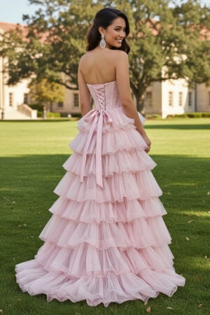Pink Tiered Ruffle Chiffon Gown with Sequin Corset Bodice