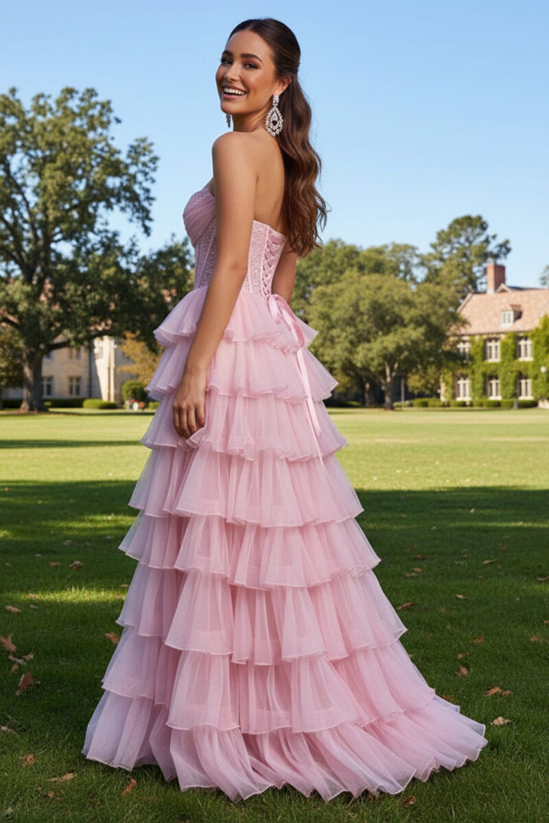 Pink Tiered Ruffle Chiffon Gown with Sequin Corset Bodice