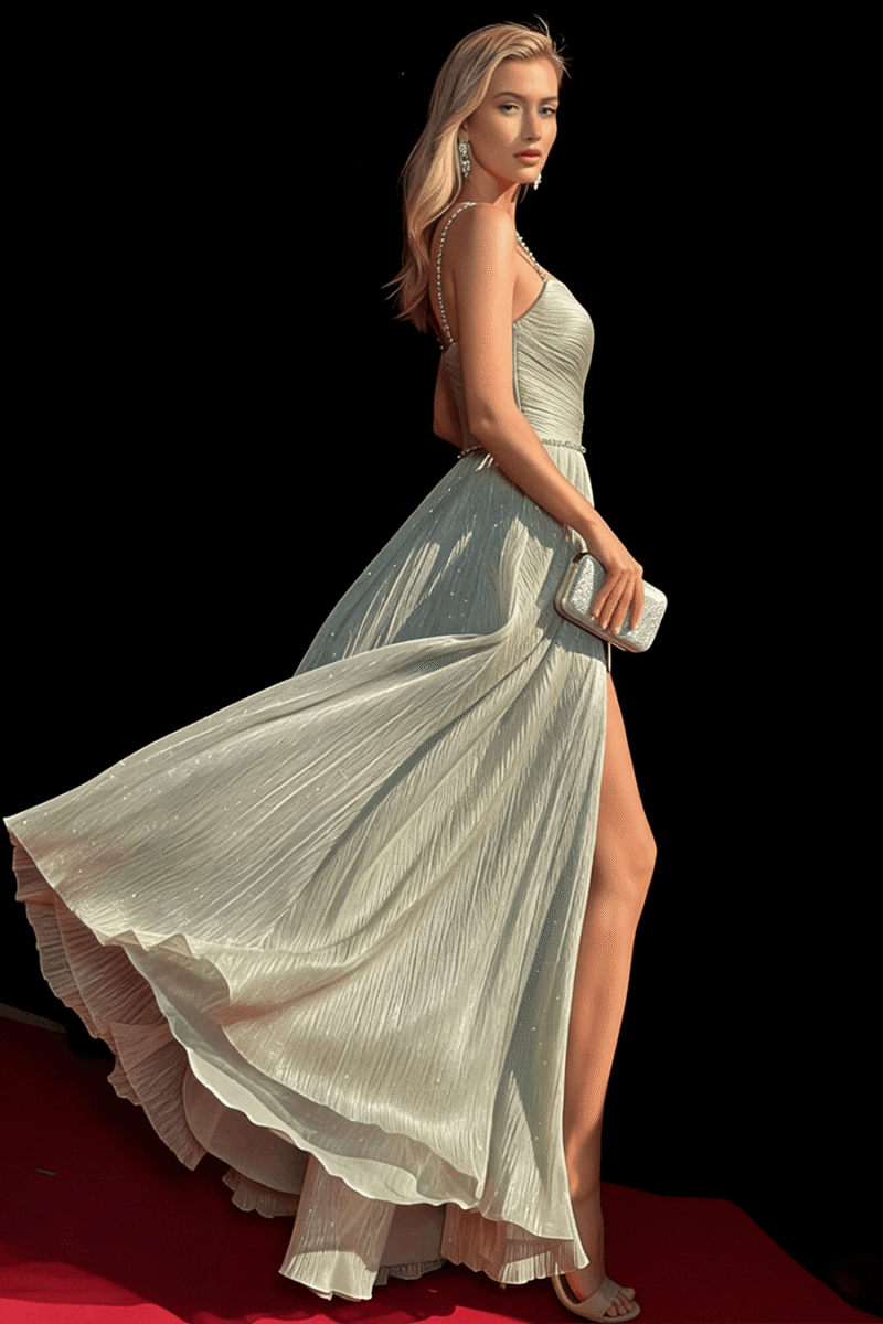 Vestido plisado plateado metalizado con tirantes adornados