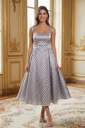Vestido midi de charmeuse de lunares plateados con tirantes anudados al hombro