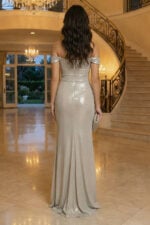 Beige Off-the-Shoulder Ruched Long Prom Dress