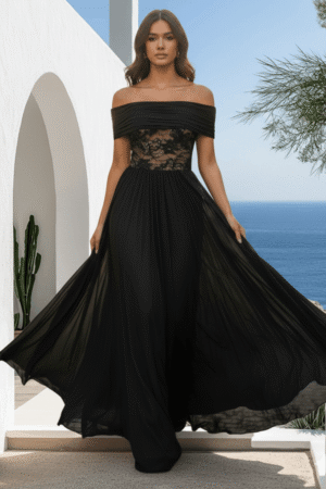 Black Off-the-Shoulder Chiffon Gown with Lace Waistband