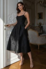 Jacquard A-Line Midi Black Dress with Pockets