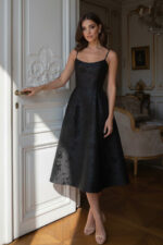 Jacquard A-Line Midi Black Dress with Pockets