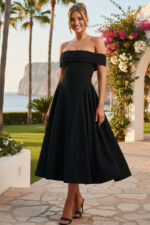 Black Crepe Off-the-Shoulder A-Line Midi Cocktail Dress