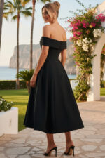 Black Crepe Off-the-Shoulder A-Line Midi Cocktail Dress