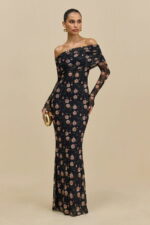 Black Floral Spandex Mesh One Shoulder Long Sleeve Cocktail Dress