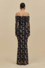 Black Floral Spandex Mesh One Shoulder Long Sleeve Cocktail Dress