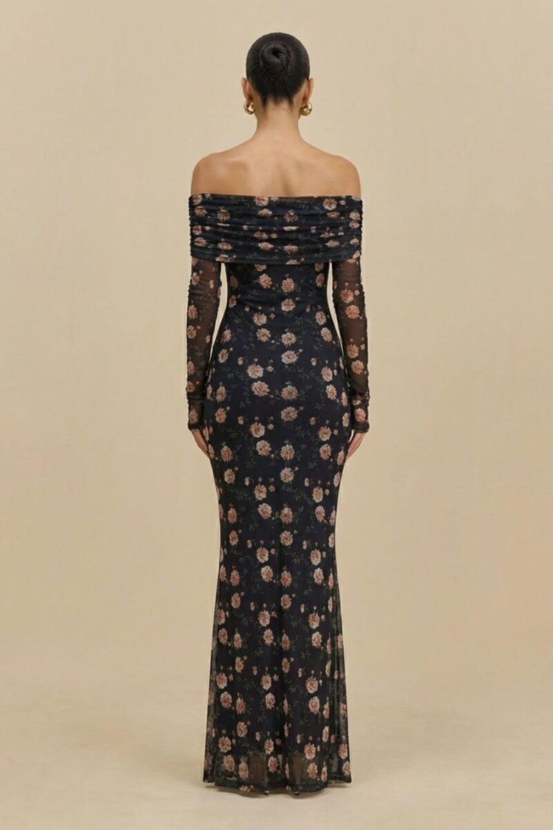 Black Floral Spandex Mesh One Shoulder Long Sleeve Cocktail Dress