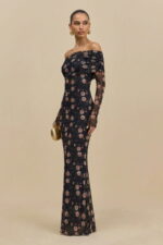 Black Floral Spandex Mesh One Shoulder Long Sleeve Cocktail Dress