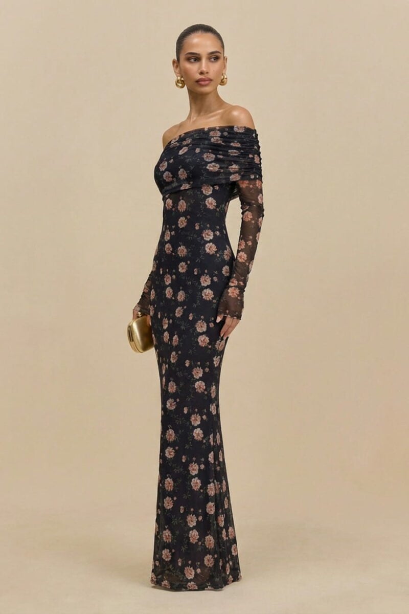 Black Floral Spandex Mesh One Shoulder Long Sleeve Cocktail Dress
