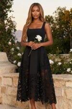 Black Crepe & Lace Square Neck A-Line Midi Cocktail Dress