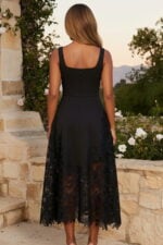 Black Crepe & Lace Square Neck A-Line Midi Cocktail Dress