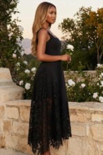 Black Crepe & Lace Square Neck A-Line Midi Cocktail Dress