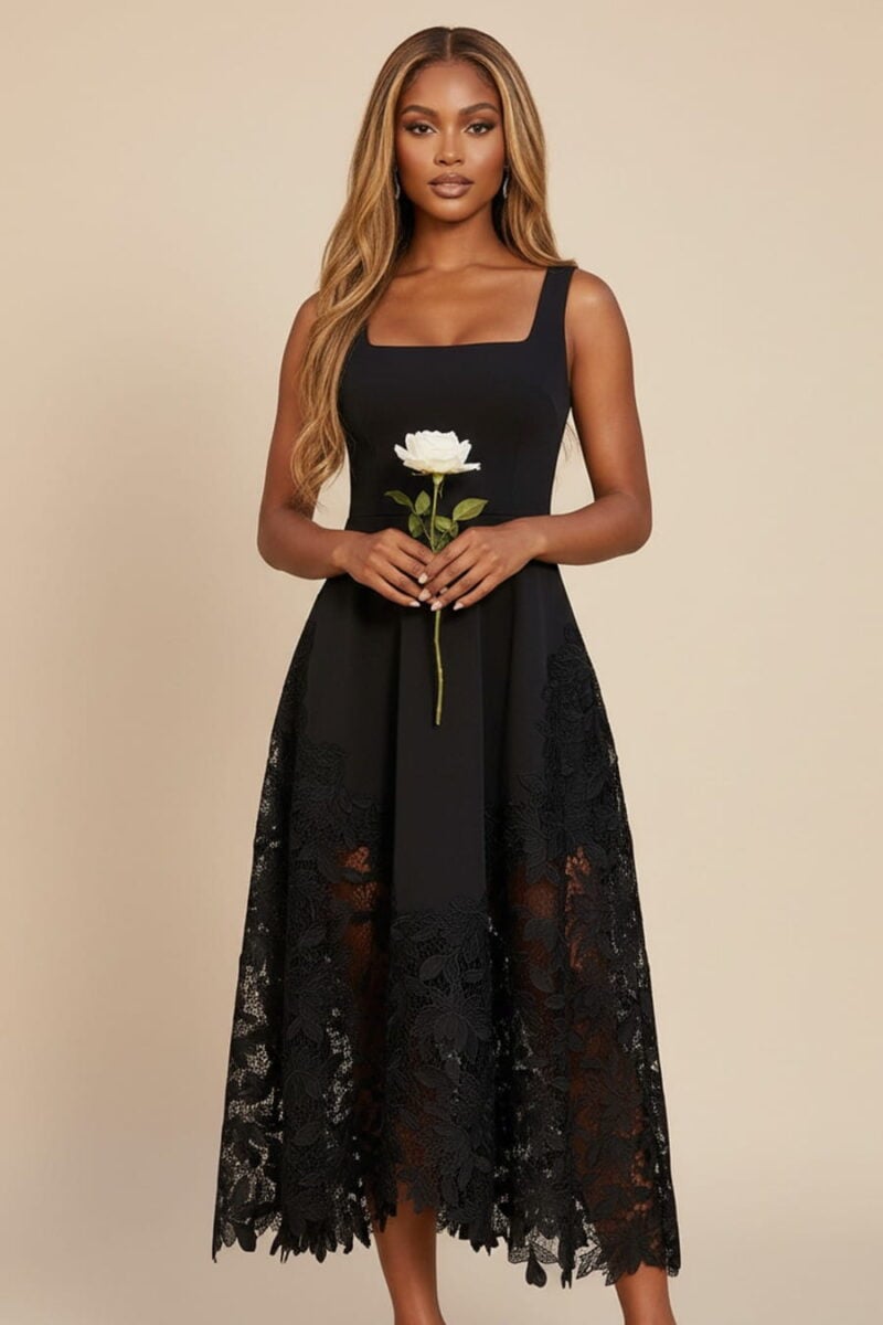 Black Crepe & Lace Square Neck A-Line Midi Cocktail Dress