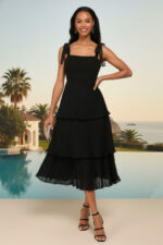 Black Pleated Tiered Crepe Chiffon Midi Dress