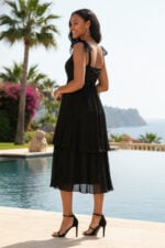 Black Pleated Tiered Crepe Chiffon Midi Dress