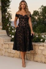 Black Off-the-Shoulder Lace Midi Cocktail Dress with Pockets
