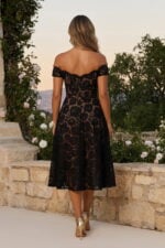 Black Off-the-Shoulder Lace Midi Cocktail Dress with Pockets