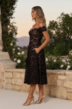 Black Off-the-Shoulder Lace Midi Cocktail Dress with Pockets