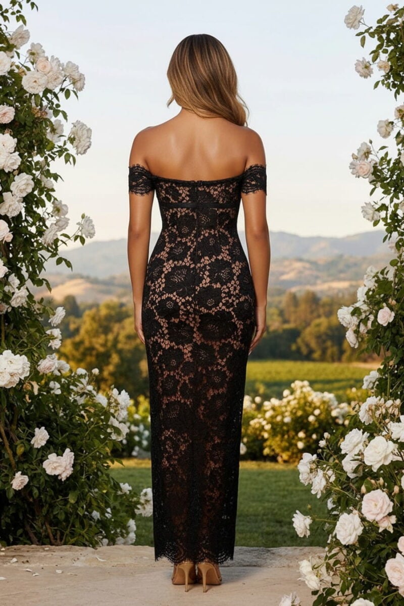 Black Off-the-Shoulder Lace Ankle-Length Bodycon Cocktail Dress