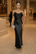 Black Slip Maxi Dress with Rosette and Ruffle Detail