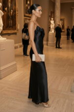 Black Slip Maxi Dress with Rosette and Ruffle Detail