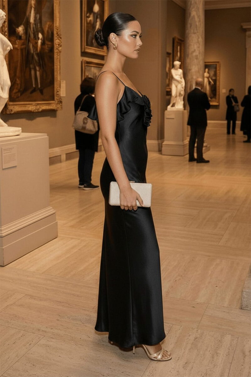 Black Slip Maxi Dress with Rosette and Ruffle Detail